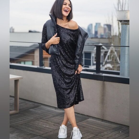 Smash + Tess Forever Frosted Dress-Black Sequin Midi Dress-Holiday New Years- XS - Picture 1 of 15